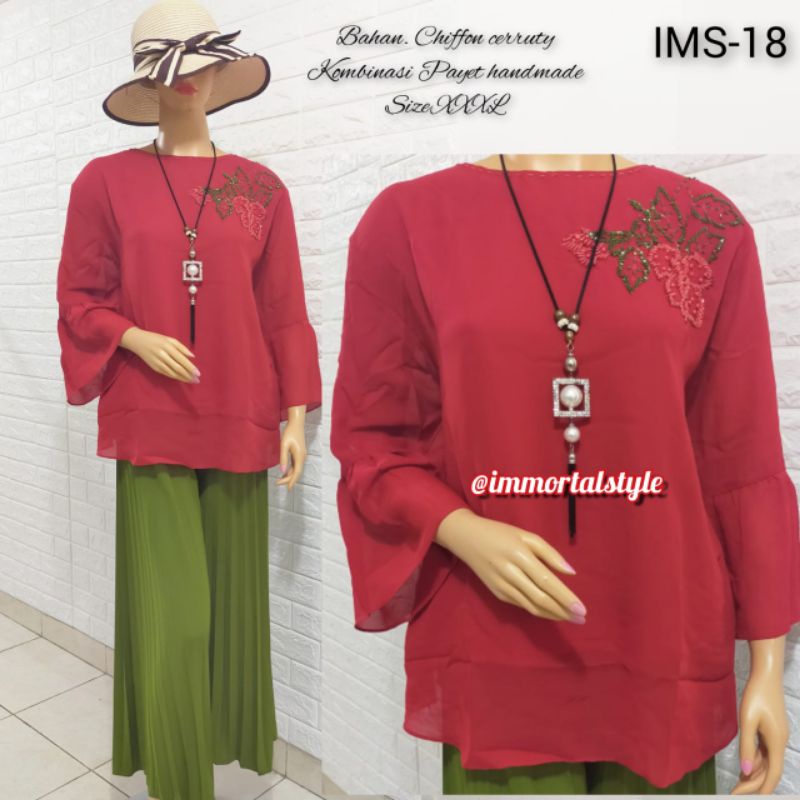 BLOUSE  ORANG TUA CHIFFON SIFON PAYET TERBARU KEKINIAN PAKAIAN CEWEK JUMBO MERAH PESTA SINCIA IMLEK 
