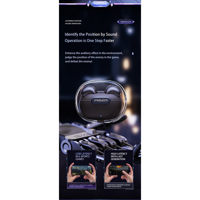 pisen e-sport TWS earbuds gaming earphone True Wireless Earphone  Insulasi suara kualitas suara in-ear fidelity dan pengurangan kebisingan(Born for gaming)