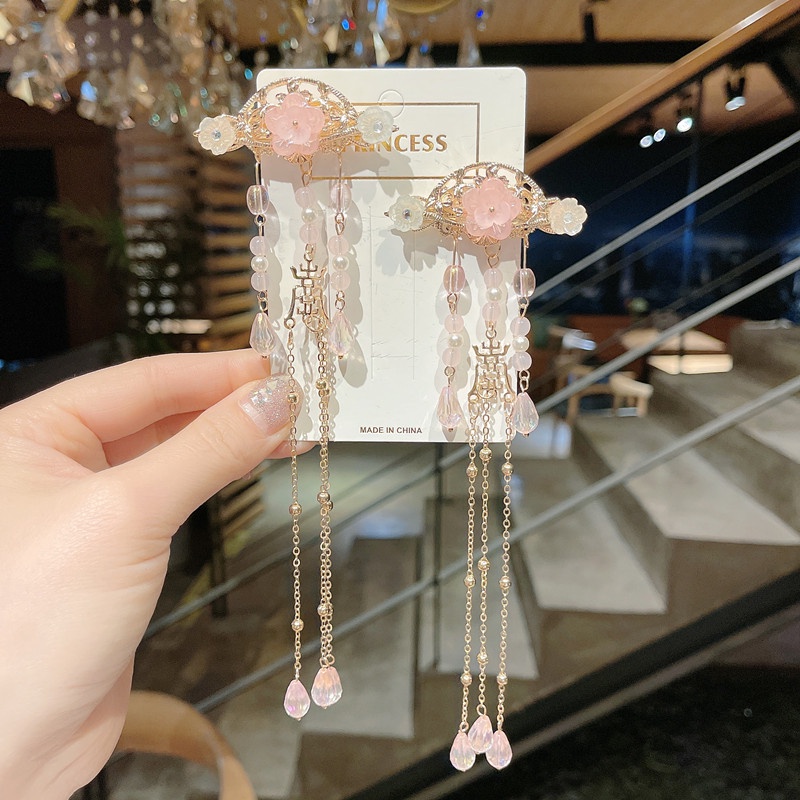 2pcs / Set Jepit Rambut Desain Bunga Kristal Mutiara Rumbai Bahan Metal Gaya China Untuk Anak Perempuan