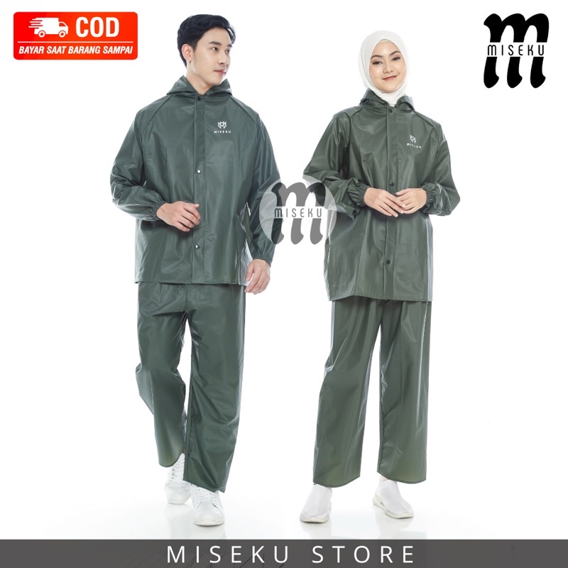 JAS HUJAN, RAINCOAT Pria Wanita Terbaik By MISEKU Anti Rembes HIJAU ARMY