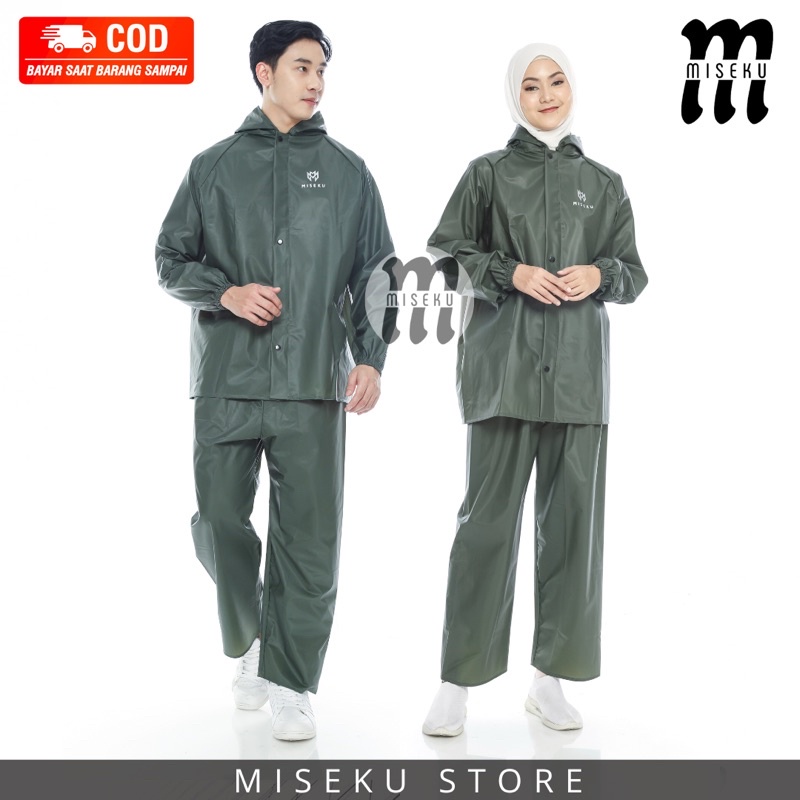 JAS HUJAN, RAINCOAT Pria Wanita Terbaik By MISEKU Anti Rembes HIJAU ARMY