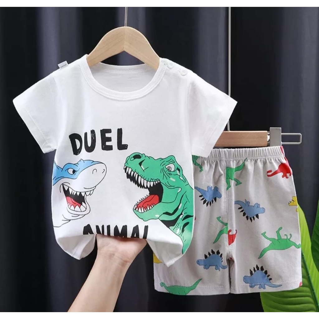 SETELAN BAJU ANAK DINOSAURUS VS SHARK IMPORT UNTUK ANAK 2-10 TAHUN BISA COD