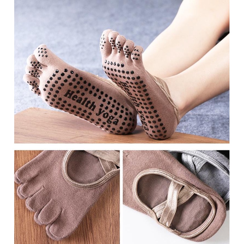 Kaos Kaki Yoga Anti Licin Dengan 5 Jari Tertutup  Tali Silang  Kaos Kaki Pilates Woman Gym Yoga Socks Anti Slip  With Grips Non Slip