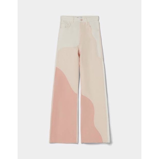 BERSHKA Jeans Cream Pink Contrast Panelled 90s Wide Leg