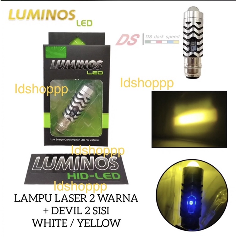 LAMPU LED DEPAN MOTOR H6 LS2 LASER HI LOW LUMINOS  DC DOUBLE COLOR WHITE YELLOW + LAMPU SENJA BIRU ORIGINAL LUMINOS