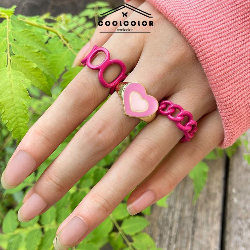 COD❤️3PCS Heart Geometry Rings Cincin Geometri Jantung Cincin Mode Menetes Minyak yang Dapat Disesuaikan untuk Aksesoris Perhiasan Wanita- cl