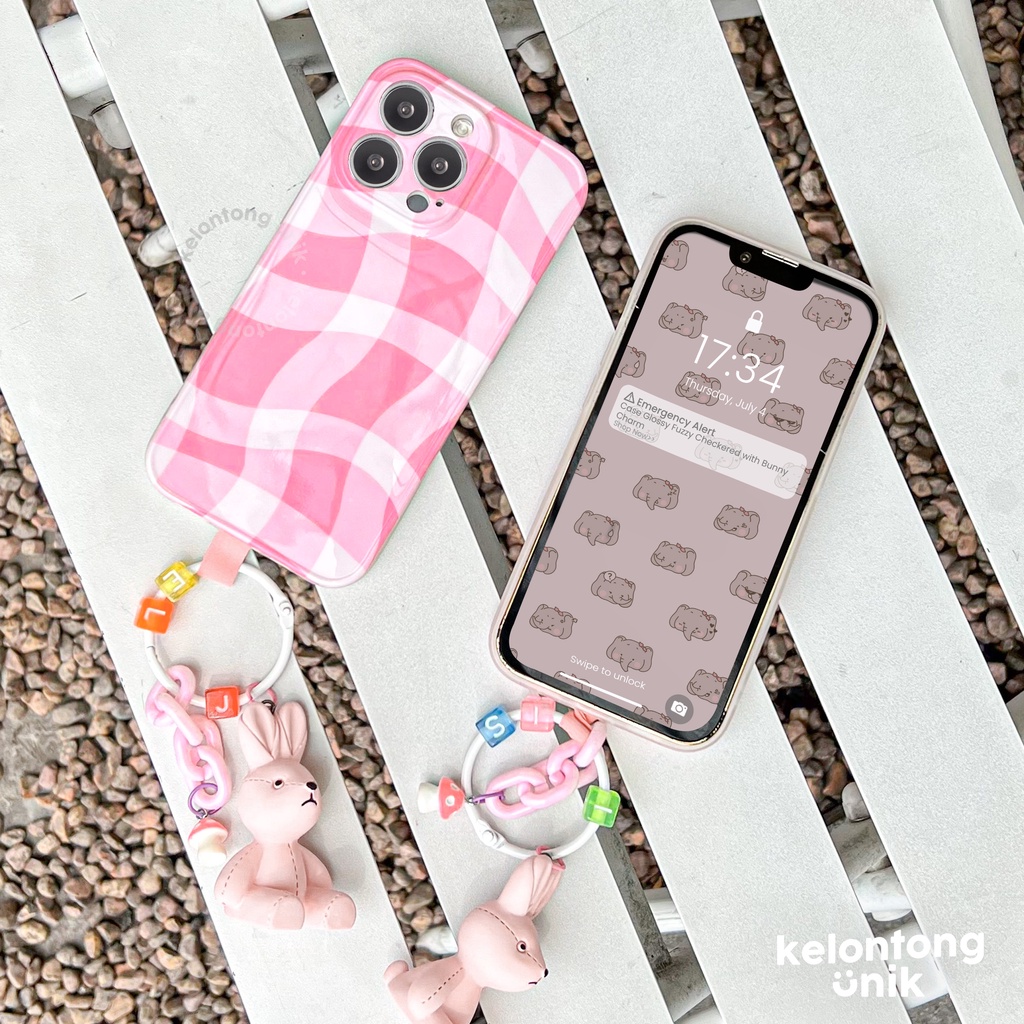 For iPhone - Fuzzy Checkered Glossy Case with Bunny Charm