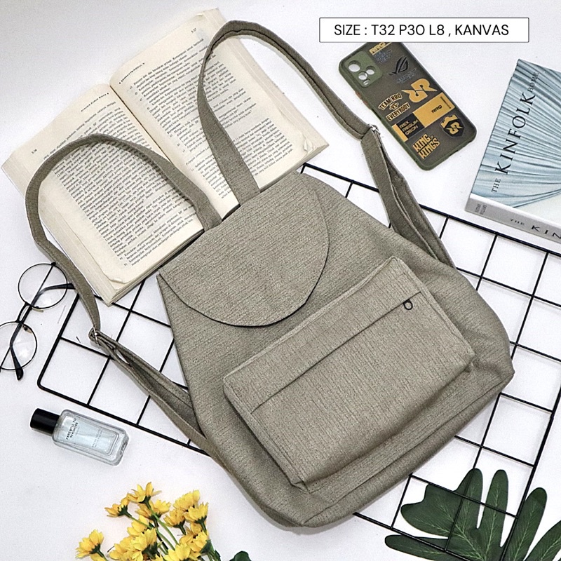 Bayar di Tempat COD Tas Ransel Serut Bahan Kanvas KANTONG Depan Ukuran Medium tas punggung wanita-Warna 712