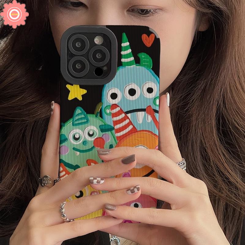 Soft Case Silikon Tekstur Kulit Motif Kartun Monster Kecil Untuk iPhone 7 8 Plus 11 14 13 12 Pro Max XR X XS Max 13 14 Pro Max