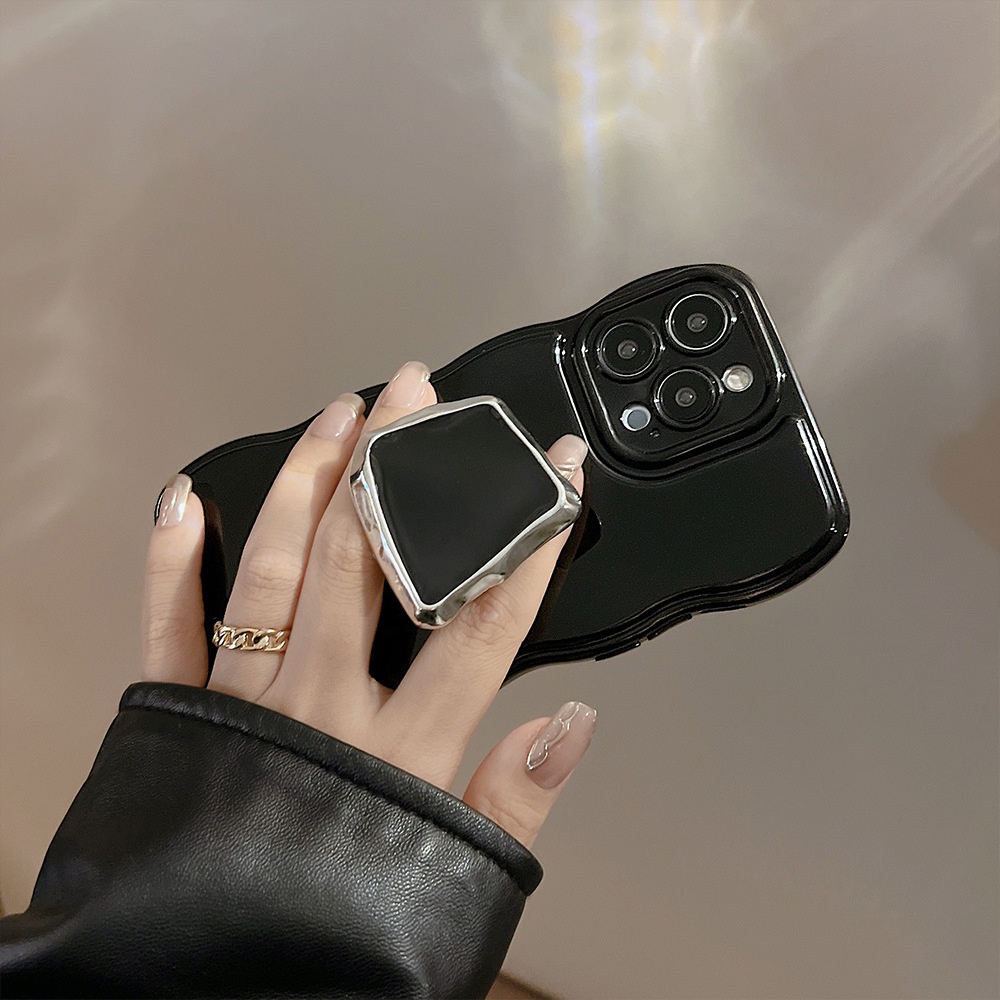 Ins Soft Case Silikon Warna Hitam Dengan Holder Angin Metalik Untuk Iphone 14 11 12 13 PRO MAX