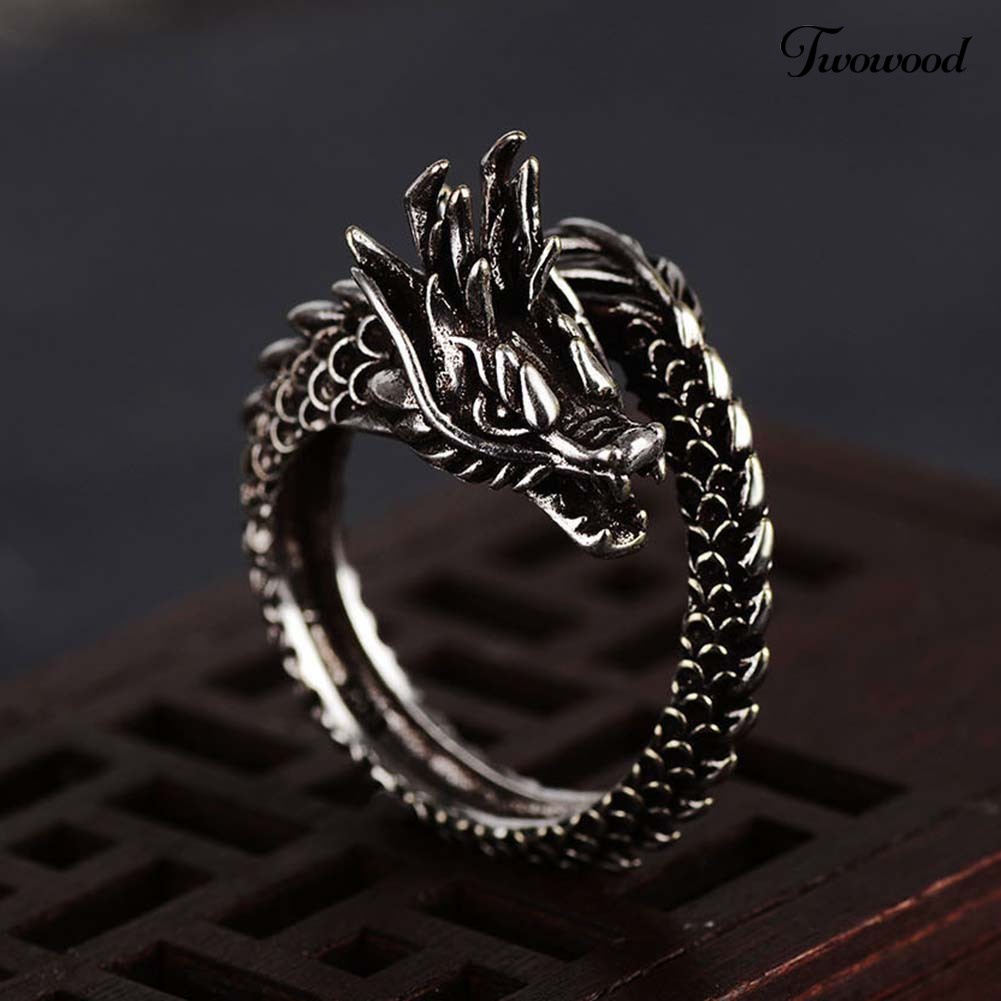 Cincin Model Terbuka Adjustable Motif Ukir Naga Gaya Retro China Untuk Unisex