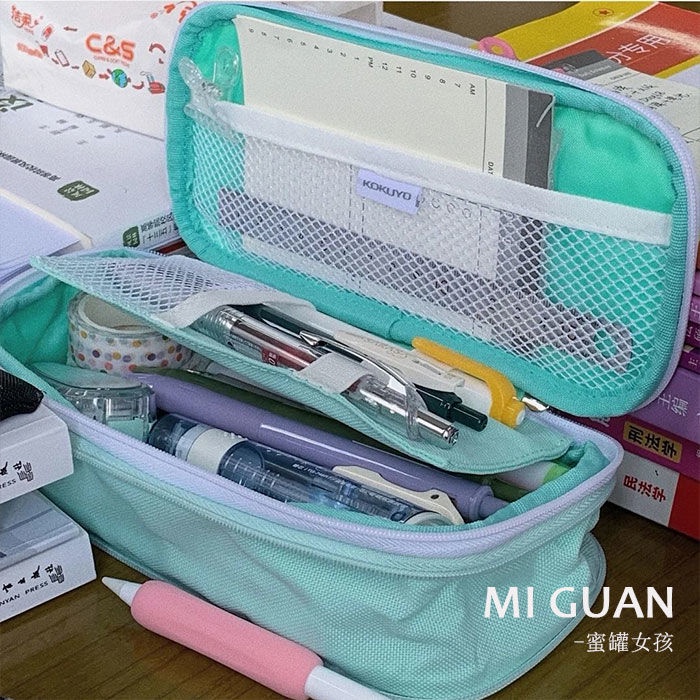 ♝Sera   Korea bernilai tinggi warna solid kanvas bergaris kotak-kotak kotak pensil multi-layer kapasitas besar multi-fungsi flip-top alat tulis