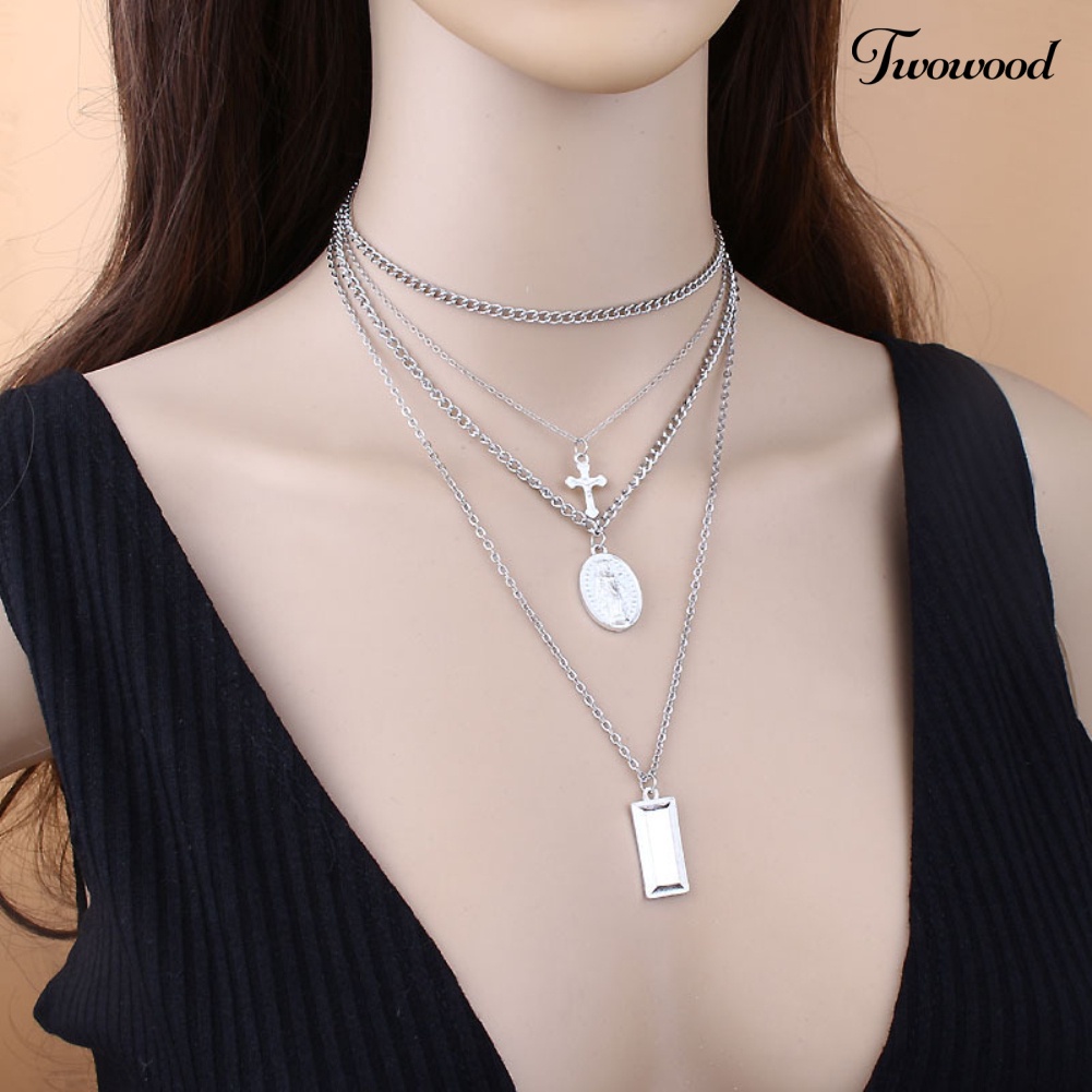 Kalung Choker Rantai Banyak Lapis Dengan Liontin Salib Yesus Gaya Retro Untuk Wanita