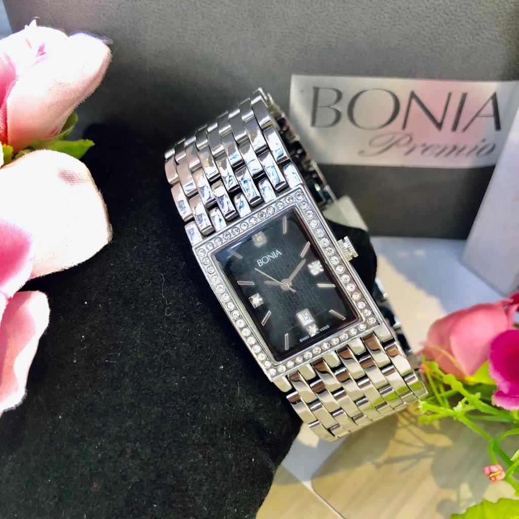 Limited Stock Jam Tangan Wanita Original Brand BONIA B583-3337 Ladies Watch Bentuk Case Persegi Panjang Strap Rantai Stainless Steel WanitaType Analog Movement Quartz Water Resistant Tahan Air Garansi 1 Tahun+Box Original Dan Kaertu Garansi