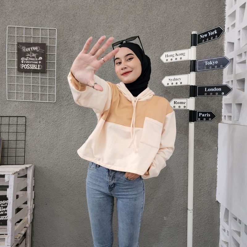 Sweater croope wanita AGNES POCKY HOODIE baju croptee cewek murah