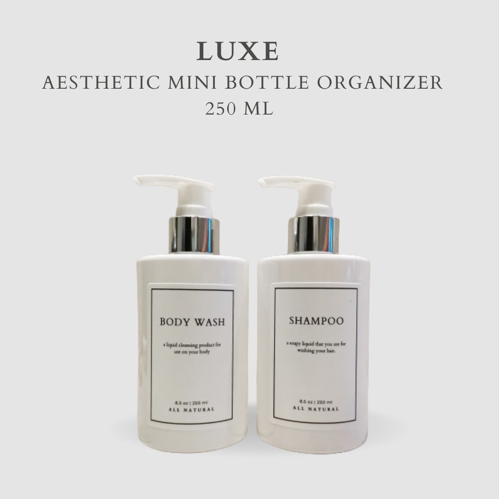 LUXE Botol MINI PUTIH Label KOTAK PUTIH 250 ml Aesthetic Bottle Refill | Botol refill sabun /botol refill sabun/ botol isi ulang/botol sabun refill/botol sabun/botol pump/botol anak/bathroom organizer/bathroom amenities