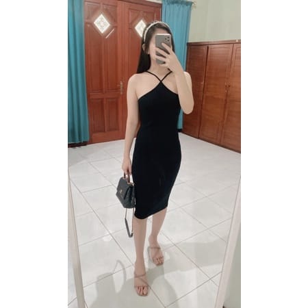 MIDI DRESS HALTER NECK BODYCON SEXY PESTA PARTY CASUAL BASIC RAJUT KNITT DRESS IMPORT