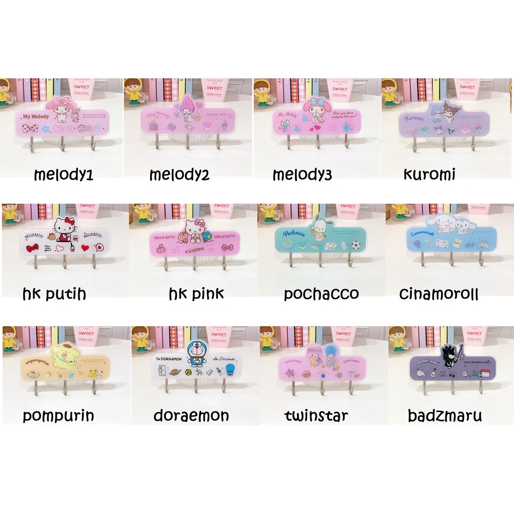 Gantungan dinding hook baju handuk wallhook kitty melody cinamoroll sanrio doraemon