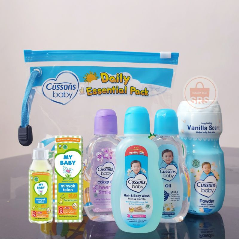 5 in 1 | 4 in 1 Cussons Baby Daily Essential Pack + Telon, Cussons Mini Gift Bag, Gift Set Bayi, Kado Bayi, Set Bedak Bayi