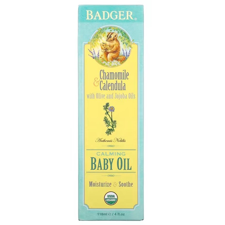 Badger Company Calming Baby Oil with Chamomile &amp; Calendula (118ml) Minyak Untuk Menenangkan Melembabkan Kulit Bayi ORI USA
