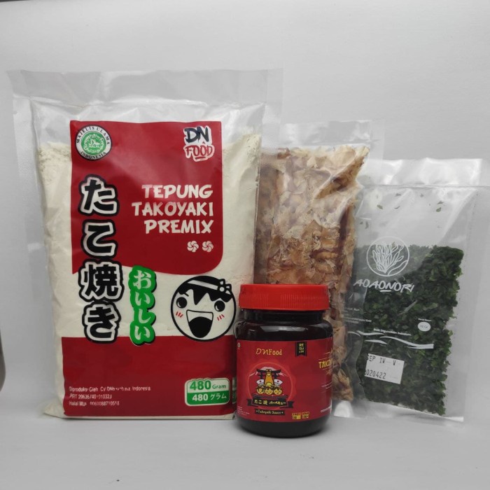 

MURAH PAKET BAHAN TAKOYAKI KOMPLIT, TEPUNG+SAOS+AONORI+KATSUOBUSHI