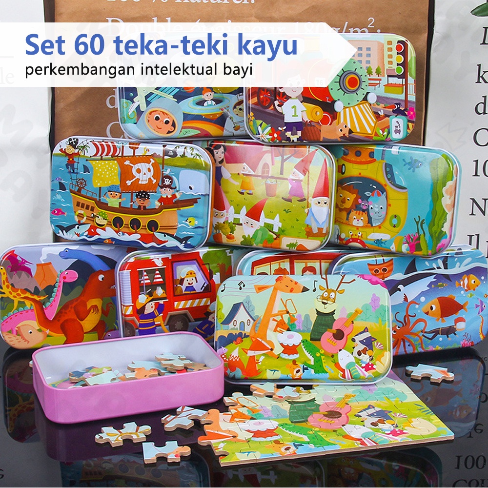 Mamibayi Puzzle Kayu 60pcs Kotak Besi/Puzzle kaleng 60pcs/Wooden toys edukasi anak