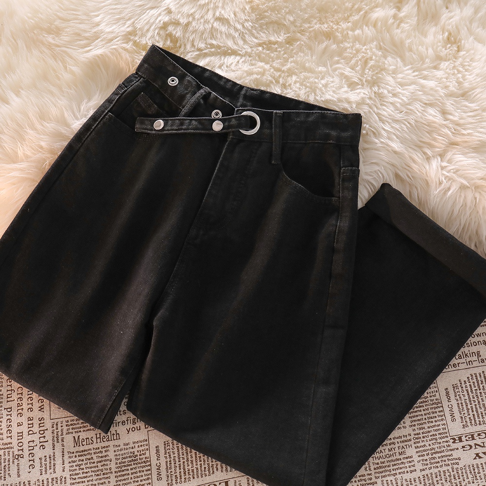 Kekinian Korean Hitam Straight Celana Jeans Panjang Wanita（Realpict）