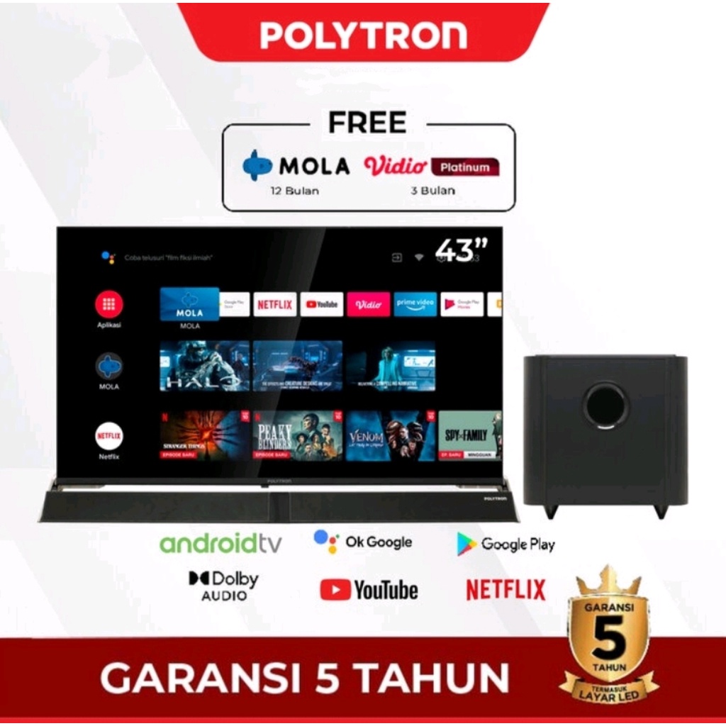 POLYTRON LED Google TV 43 INCH PLD 43BG9058 + SOUNDBAR / SPEAKER TOWER