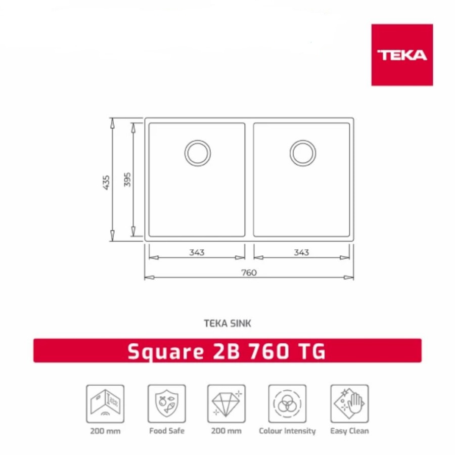 Sink Tegranite Square Teka 2B 760TG Undermount With Double Bowl