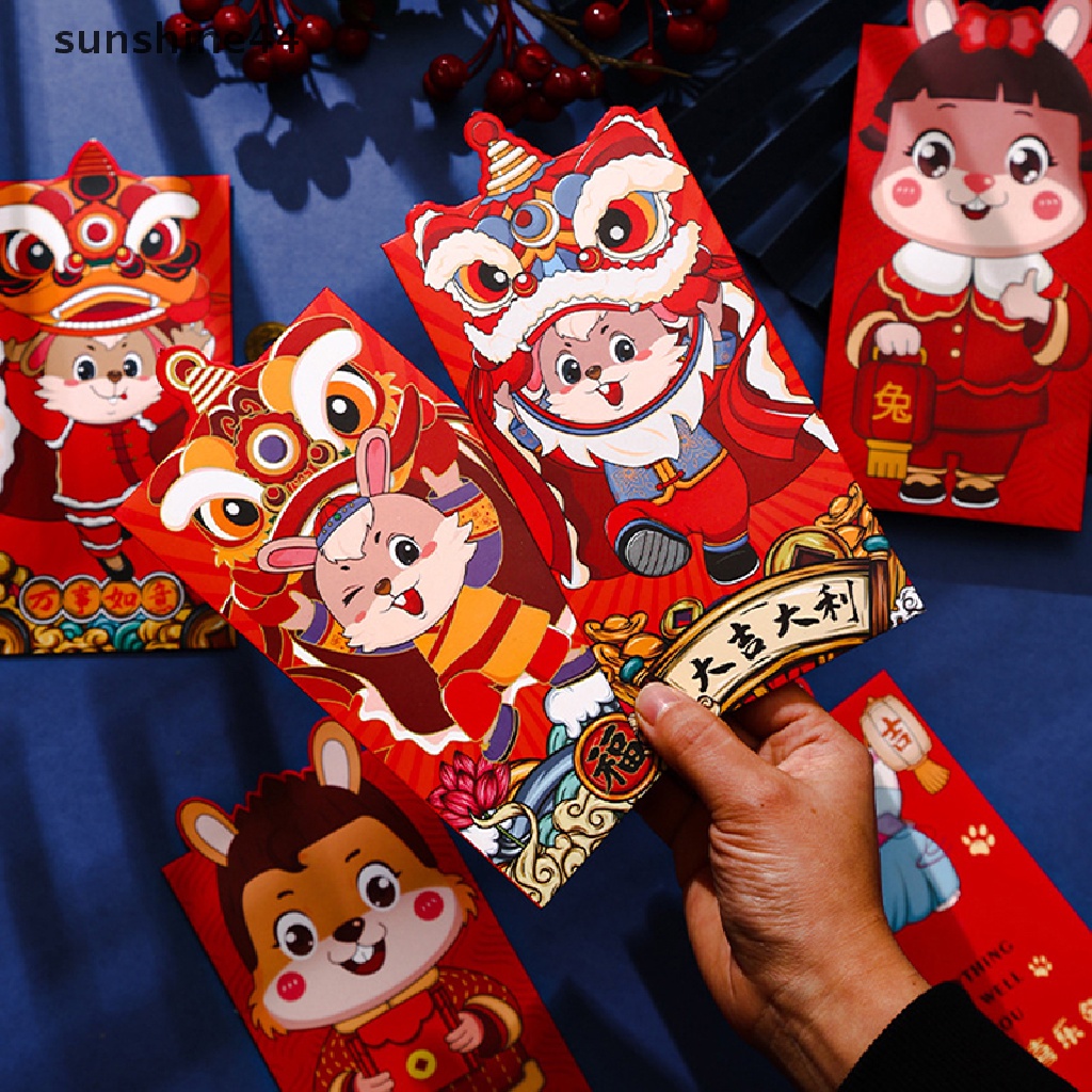 Sunshine 4 / 6PCS Amplop Angpao Merah Motif Kartun Kelinci Untuk Tahun Baru Cina / Pernikahan / Ulang Tahun