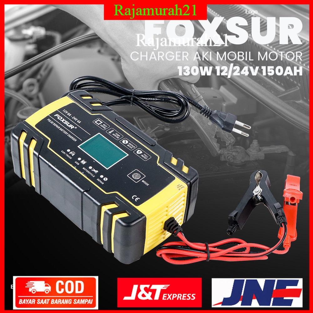 FOXSUR Charger Aki Mobil Motor 130W 12V/24V 150Ah with LCD - FBC122408D - Yellow