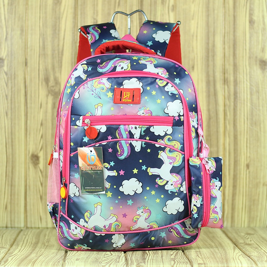 Backpack Sekolah Anak Perempuan Motif Kuda Pony Biru Pink Hitam Ungu Ransel Korean Stylee Tas Anak TK SD Murah UJ STYLEE Free Tempat Pensil Raincover