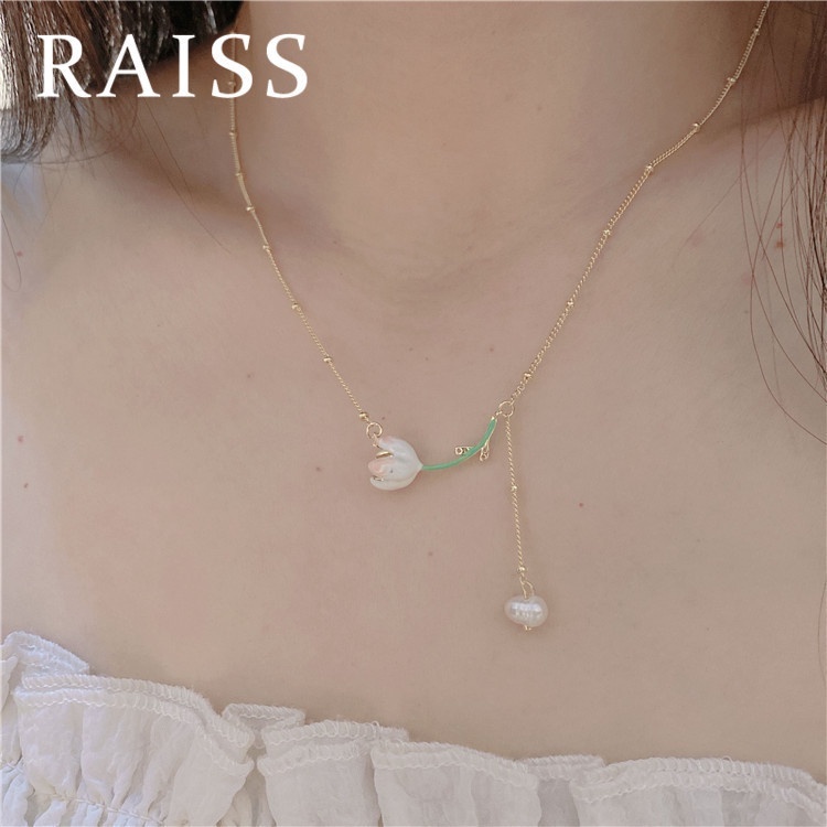 Kalung Rantai Dengan Liontin Bunga Tulip + Mutiara Elegan Ala Korea / Jepang Untuk Wanita