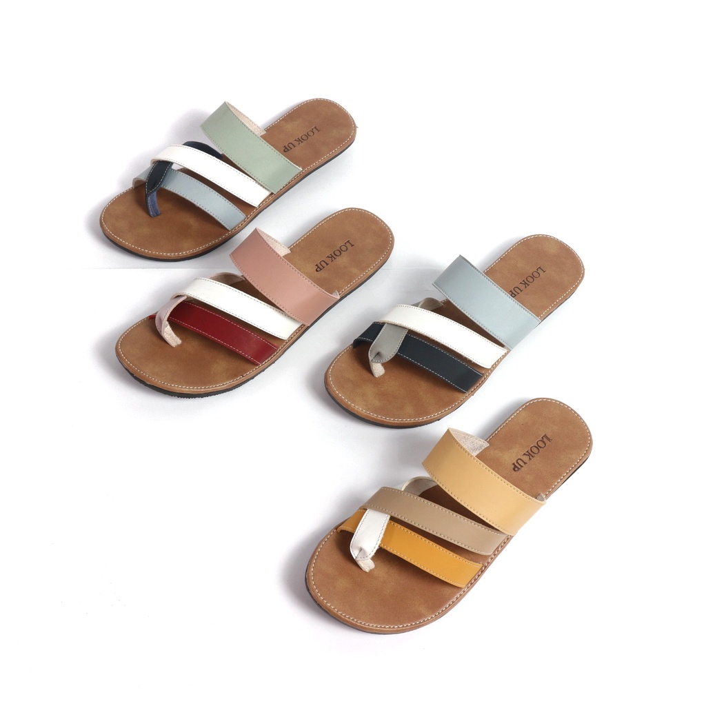 Sandal Kulit Wanita Sandal Jepit Tali Wanita Sandal Jepit Slop Slide Wanita Flat Motif Kombinasi Look Up - AURA