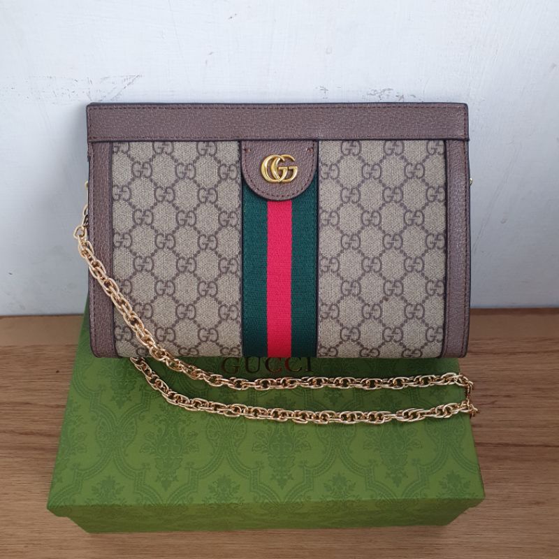 tas wanita clutch medium selempang merah hijau brown red green coklat gift set gift box kecil sedang kotak logo klasik gg persegi panjang ophidia shoulder bag gc