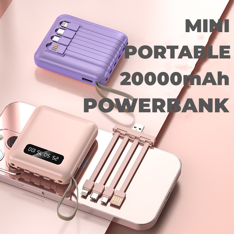 Power Bank 20000mAh Powerbank Fast Charging with 4in1 Kabel Data Real Capacity 4 Output 3 Input Tipe C Micro Lightning USB Pocket Size