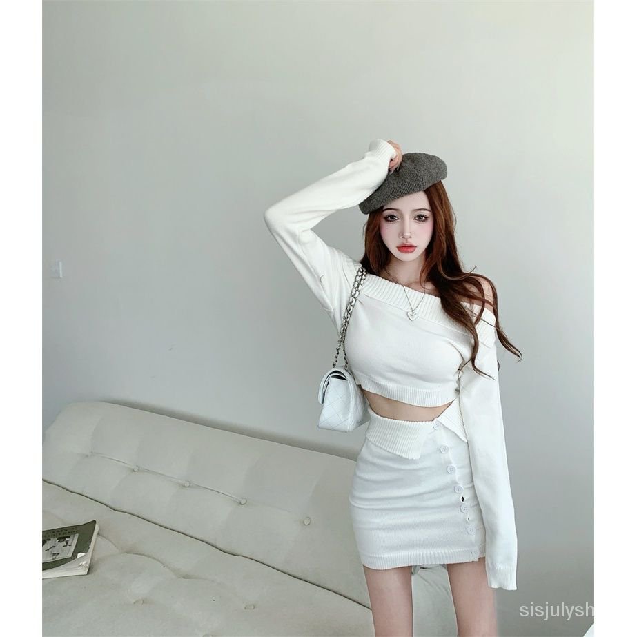 #Sisjuly# Atasan rajutan kerah satu bahu baru wanita + set setelan rok setengah badan pinggul paket