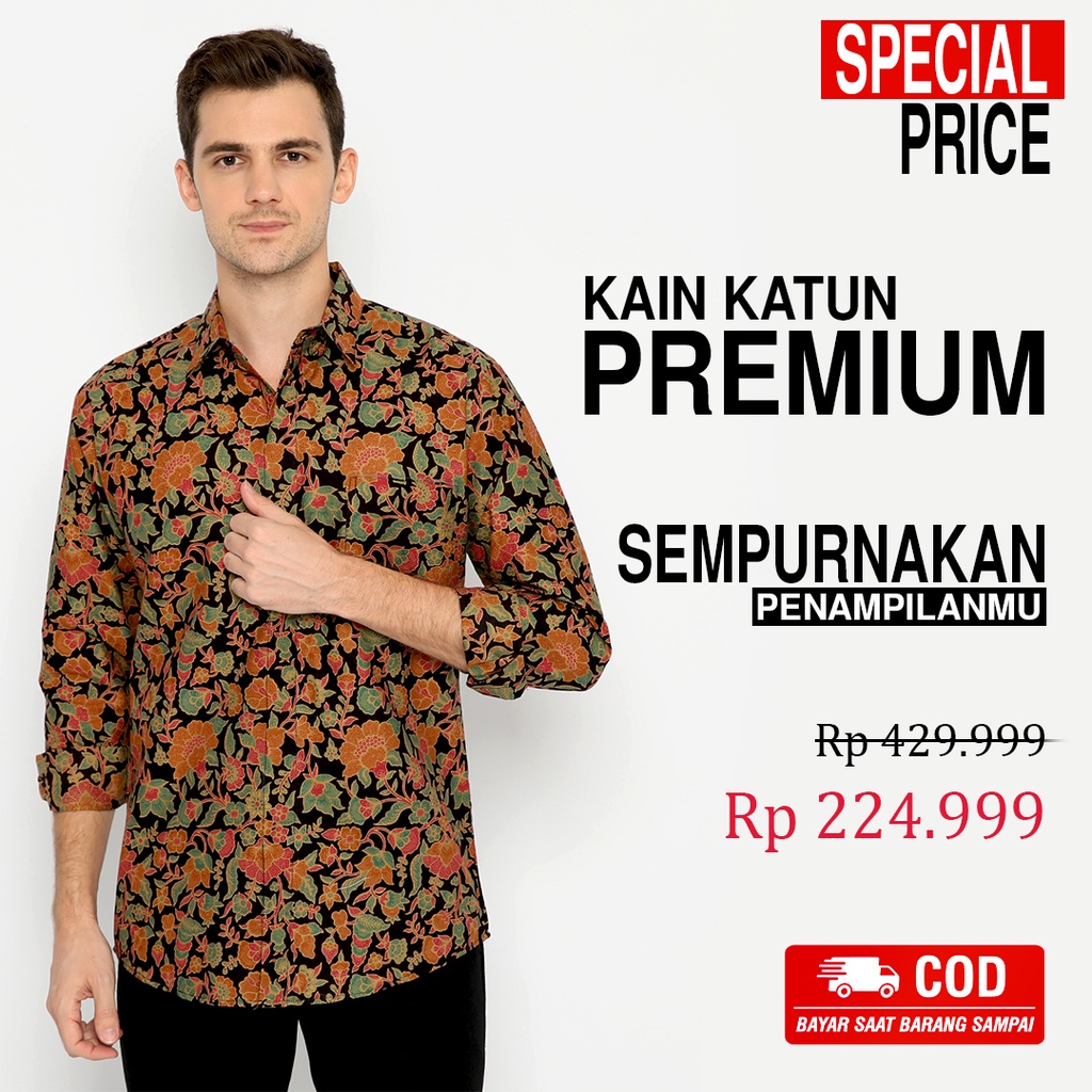 BAJU BATIK PRIA Kemeja Lengan Panjang Slimfit Premium Elegant Warna Hitam Orange Hijau 727393 Cap 72 - Baju Kemeja Atasan Pakaian Setelan Batik Pria Cowok Laki Laki Remaja Keluarga Kantor Lengan Panjang Modern Slimfit Slim Fit Premium Kekinian