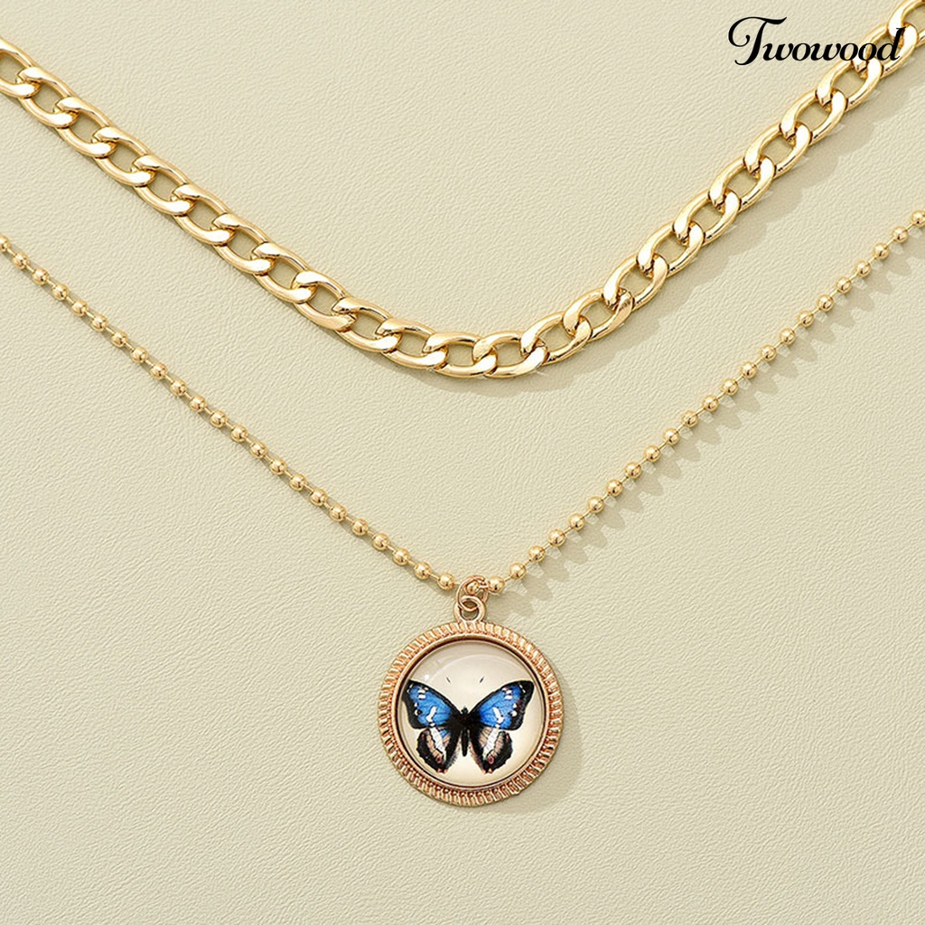 Kalung Rantai Klavikula Hias Liontin Kupu-Kupu Model Lapis Ganda Gaya Retro Untuk Wanita