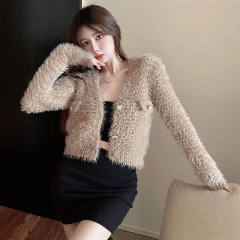 QUEEN SAKURA - Q3708B - FLUFFY FURY KNIT CARDIGAN IMPORT - CARDIGAN RAJUT BULU PREMIUM CASUAL KOREA 