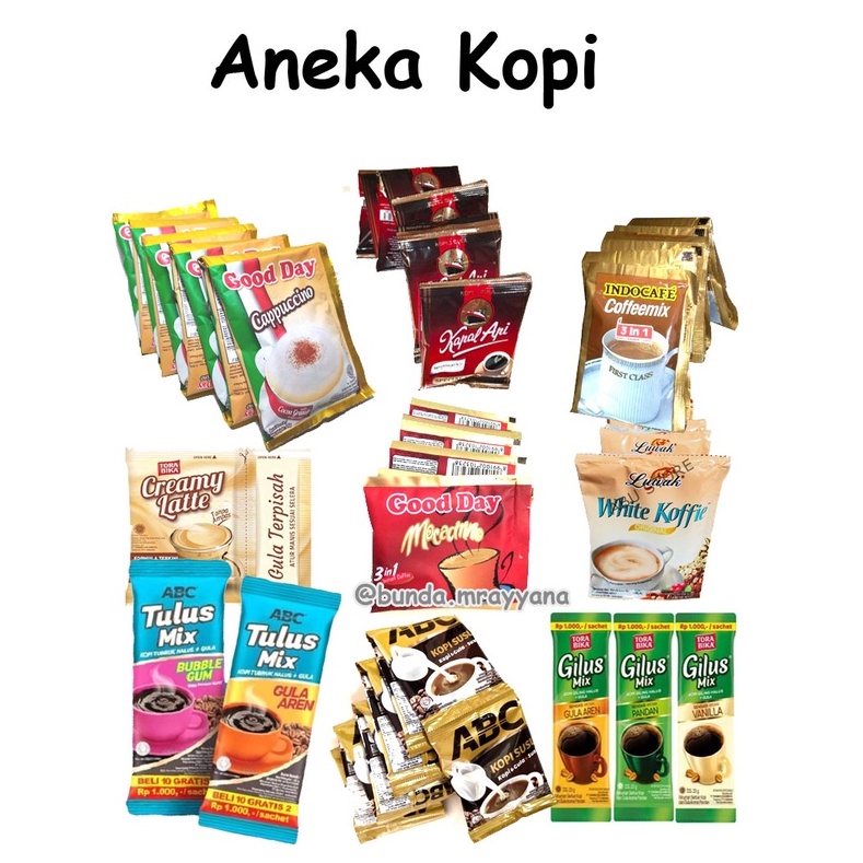 

[add-sembako] Aneka Kopi isi 5 sachet (Luwak White Cofee, Less Sugar, Indocafe, Good Day, Torabica Cappuccino, Creamy Latte)