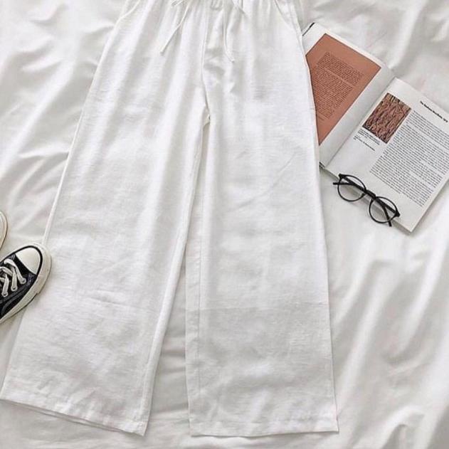Wide Celana Kulot Polos Katun Linen Premium / Kulot Pants Jumbo - Putih, L