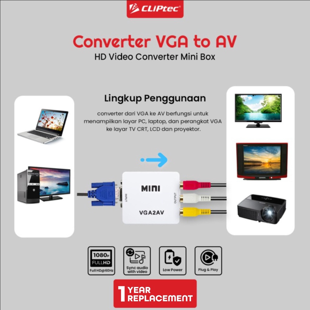 Converter CLIPtec Mini Box CL-CV VR VGA TO AV FHD 1080P