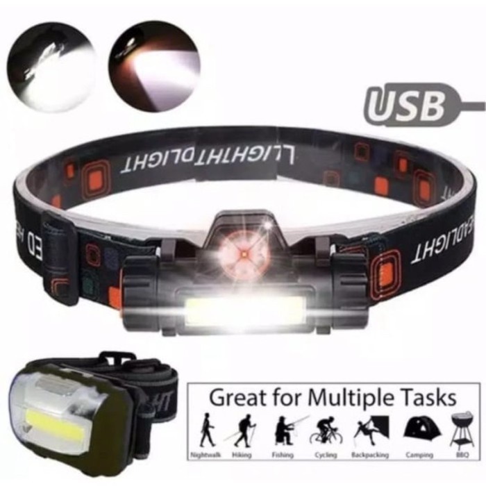 Senter Kepala Mini 2 Led 24W + 10W / Headlamp USB Chargeable / Senter - Senter kepala