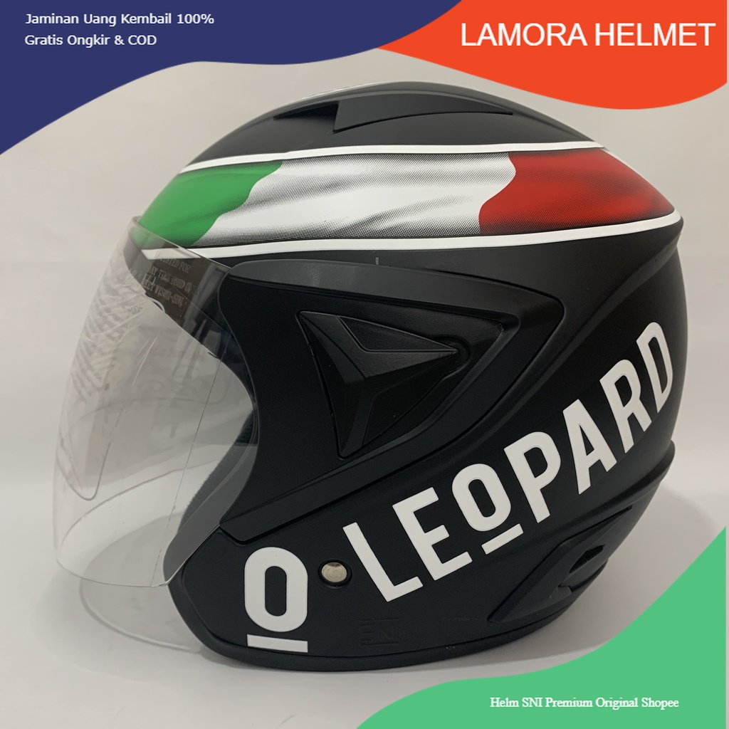 Helm JP 13 Leopard Putih Hitam Doff - Kaca Pelangi Rainbow / Iridium / Silver / Clear - Helm Pria De
