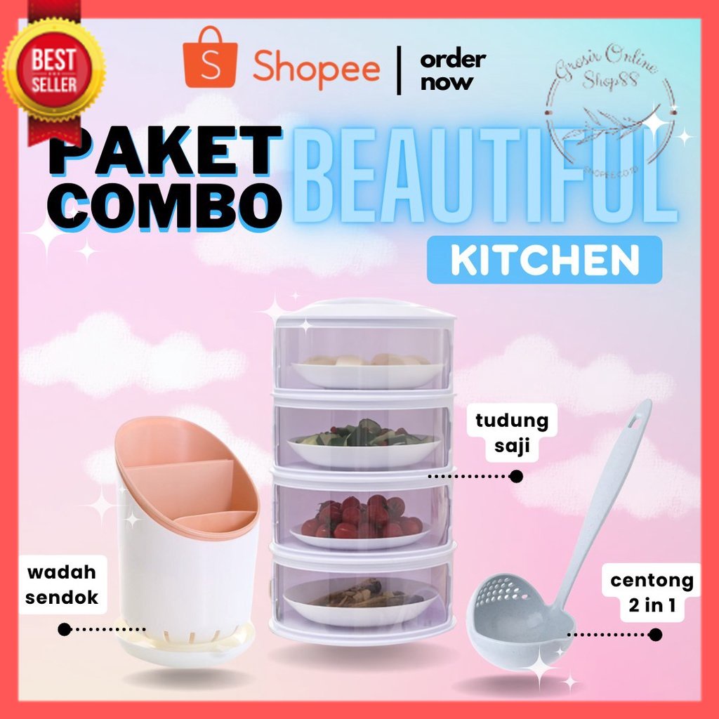 GOS - PAKET COMBO BEAUTIFUL KITCHEN/ Tudung saji Tempaat sendok FREE Centong 2in1