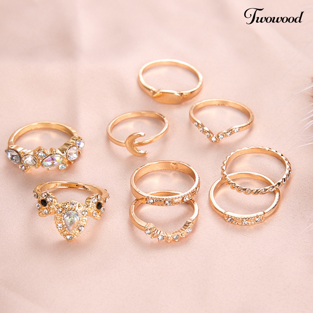 9pcs / Set Cincin Knuckle Midi Desain Mahkota Bulan Aksen Berlian Imitasi Gaya Bohemian Untuk Wanita