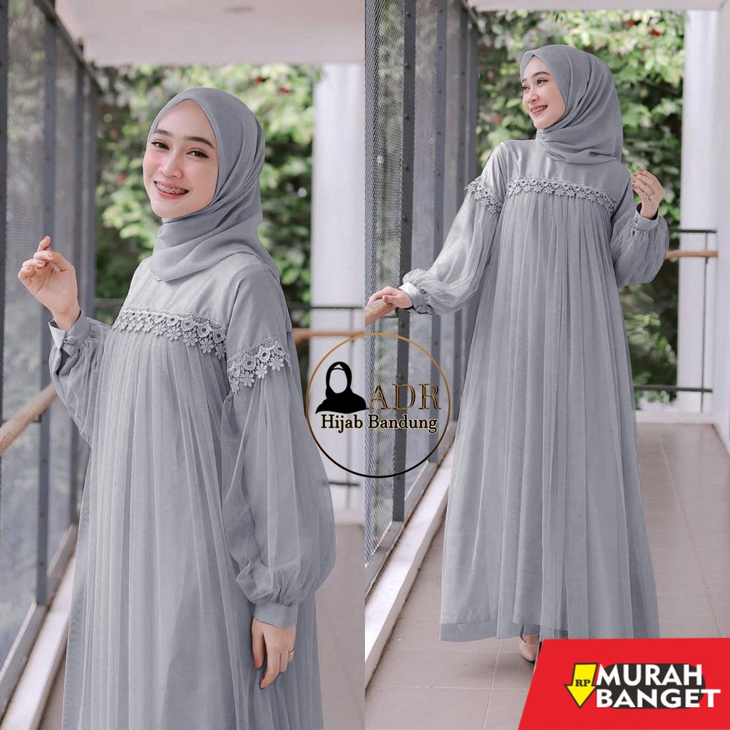 model gamis kombinasi polos terbaru 2022 NURAINI MAXI DRESS IMPORT | Gamis Muslim Murah Perempuan BROKAT TILE Cantik RENDA IMPORT TERBARU