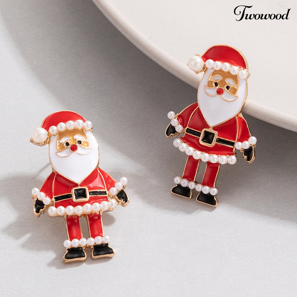 1 Pasang Anting Stud Desain Kartun Santa Claus Aksen Berlian Imitasi Untuk Wanita