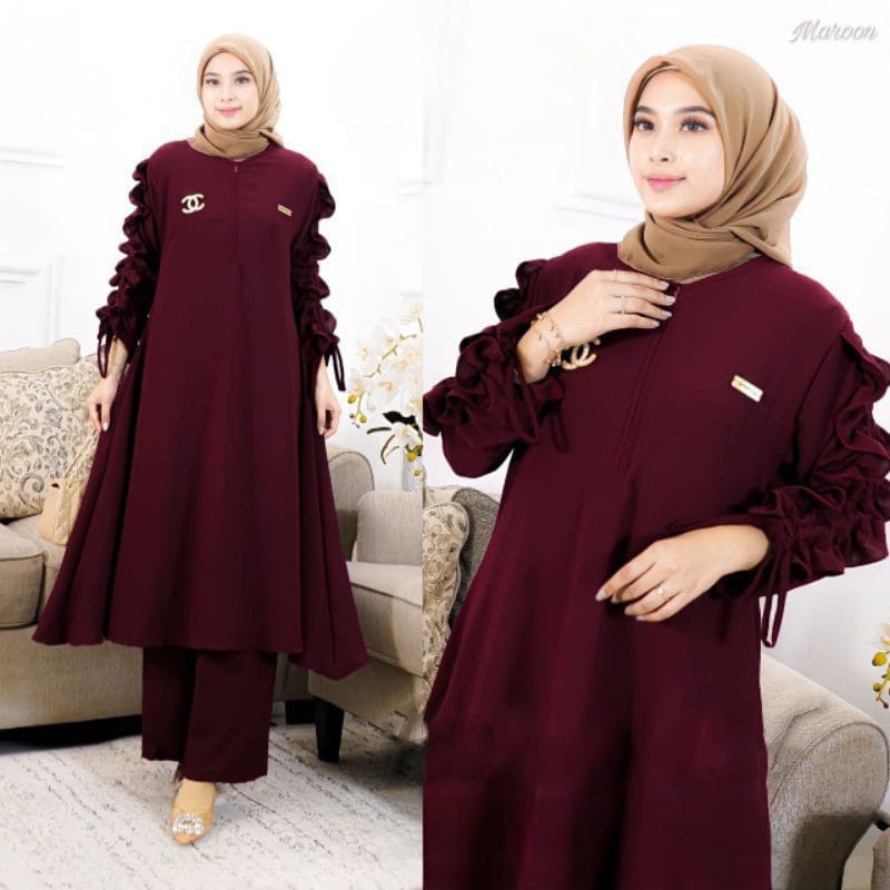 Noora Set Setelan Celana + Tunik Wanita Muslim Busui Jumbo Bahan Ceruty Babydoll Full Furing Model Lengan Serut Terbaru / Pakaian Set Wanita Remaja Kekinian / Fashion Muslim Gamis Melayu Beraneka Warna / Baju Stelan Lebaran Kondangan Mewah Terbaru 2022